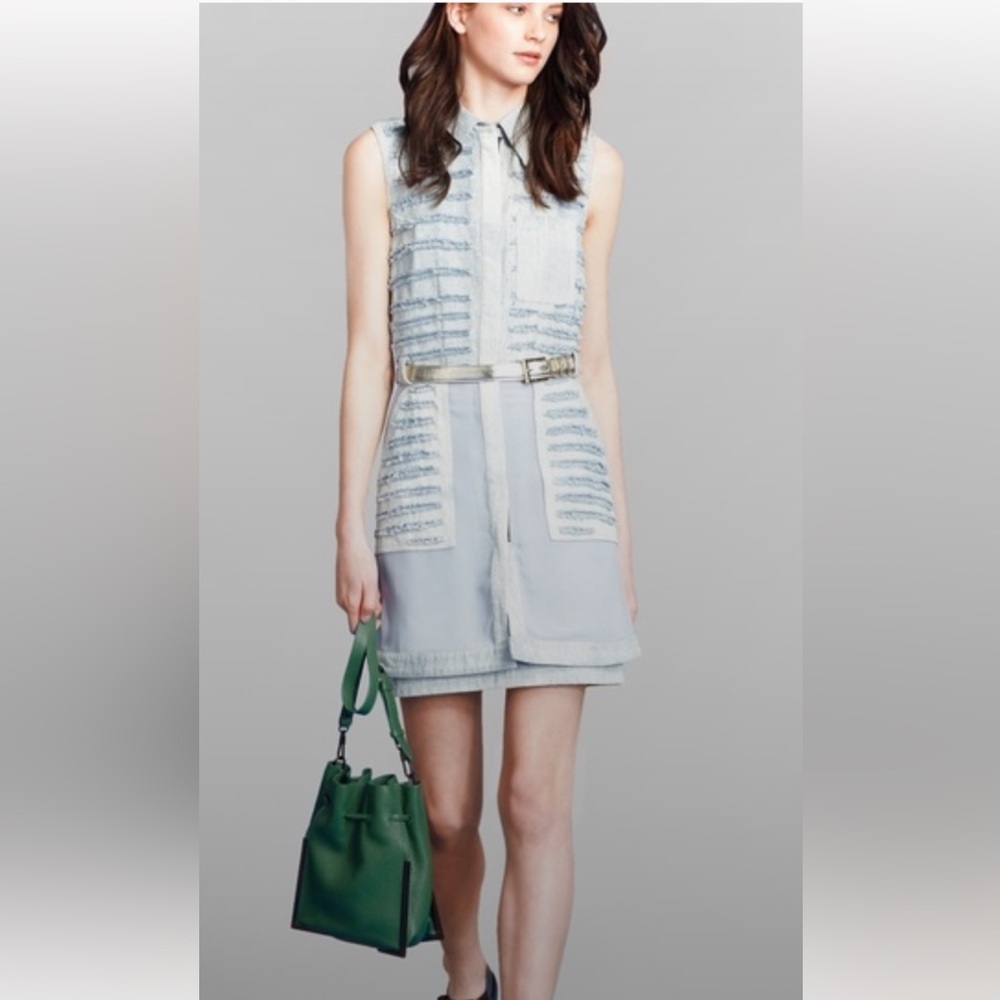 3:1 Phillip Lim Light Wash Denim Mini Dress with Sheer Mesh panels & Fringe sz 6